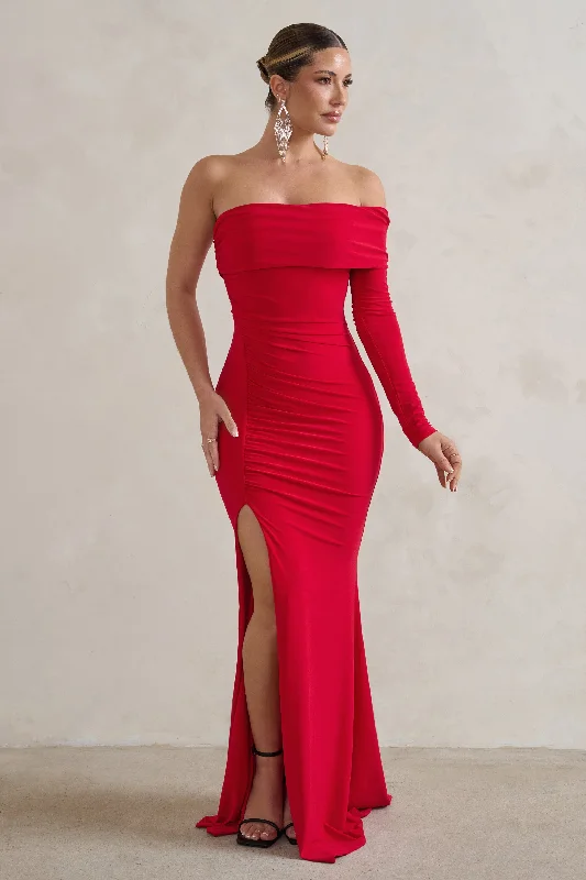 Meghan | Red Bardot Neck Thigh Split Fishtail Maxi Dress