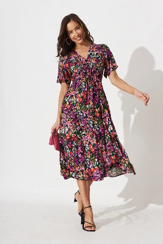 Melody Midi Dress In Black Multi Floral