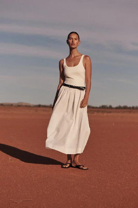 MON WHITE SCOOP NECK MIDI DRESS