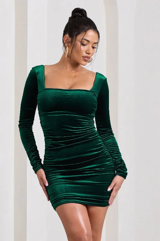 muse-bottle-green-velvet-long-sleeve-square-neck-ruched-mini-dress-cl127970047