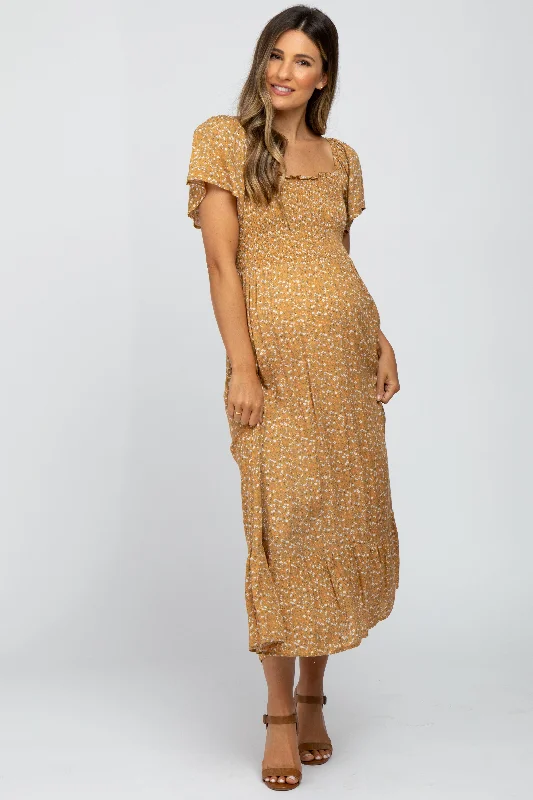 mustard-floral-smocked-maternity-maxi-dress