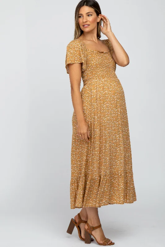 mustard-floral-smocked-maternity-maxi-dress