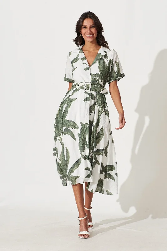 My Sweet Midi Shirt Dress In White With Green Leaf Print