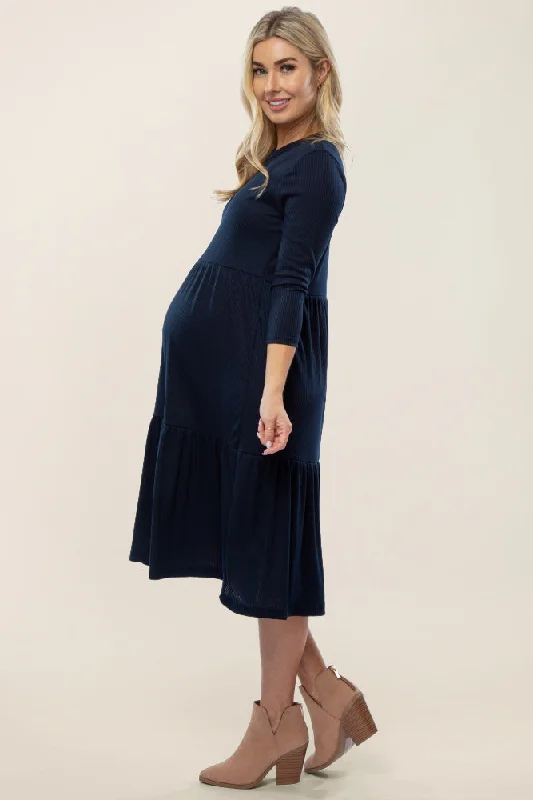 navy-tiered-ribbed-3-4-sleeve-maternity-midi-dress