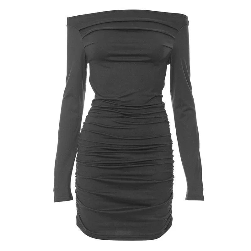 off-shoulder-long-sleeve-ruched-backless-solid-mini-dress