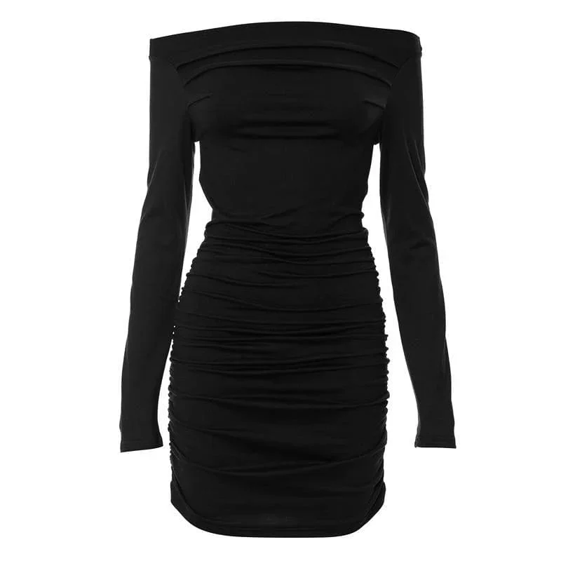 off-shoulder-long-sleeve-ruched-backless-solid-mini-dress