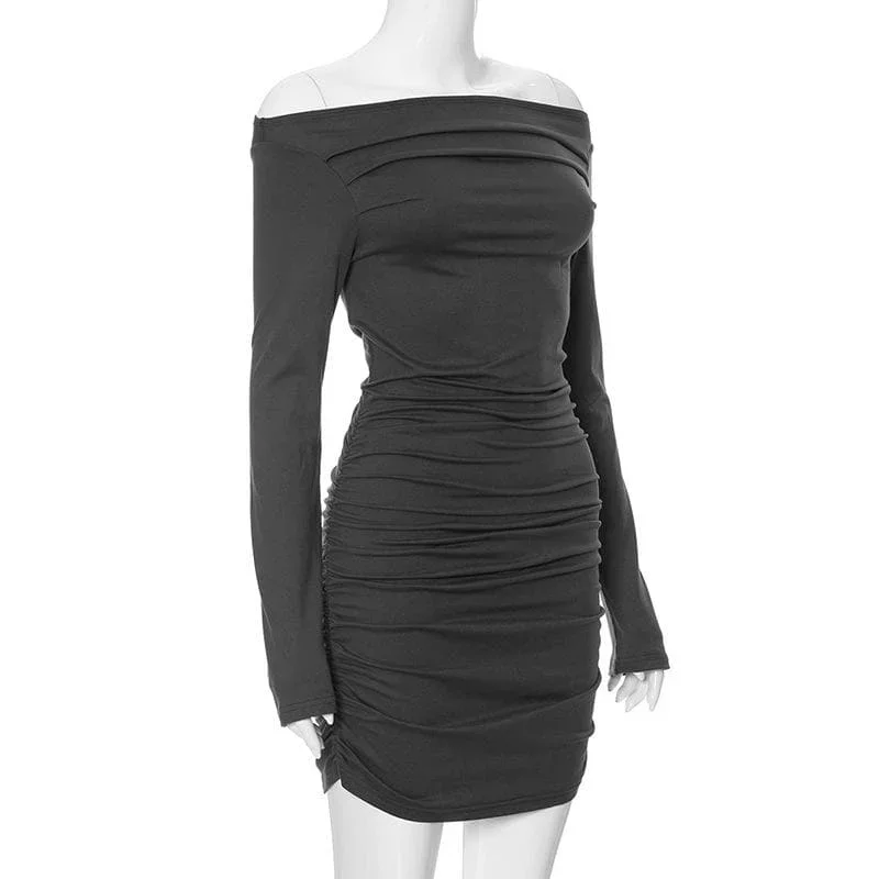 off-shoulder-long-sleeve-ruched-backless-solid-mini-dress