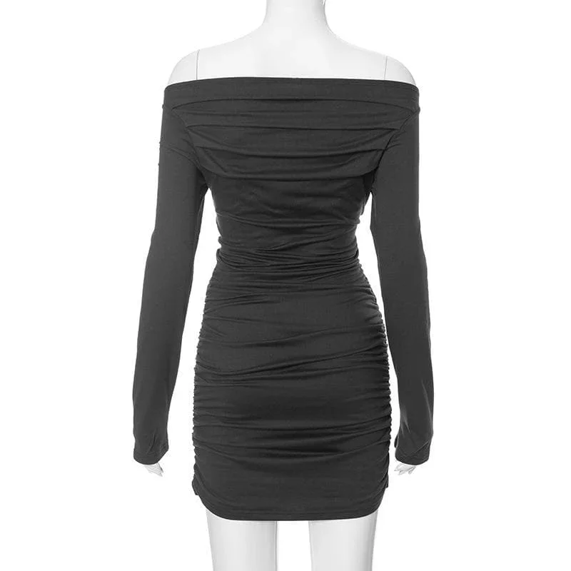 off-shoulder-long-sleeve-ruched-backless-solid-mini-dress