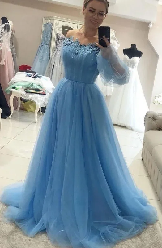 Off Shoulder Tulle Long Prom Dresses with Appliques and Beading,Winter Formal Dresses