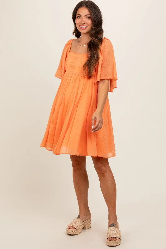 Orange Square Neck Pleated Flutter Short Sleeve Maternity Dress