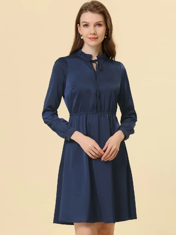 Satin Long Sleeve Ruffle Tie Neck Silky A-line Dress