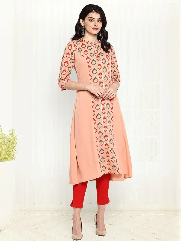 Peach Poly Crepe Digital Print A-line Kurta