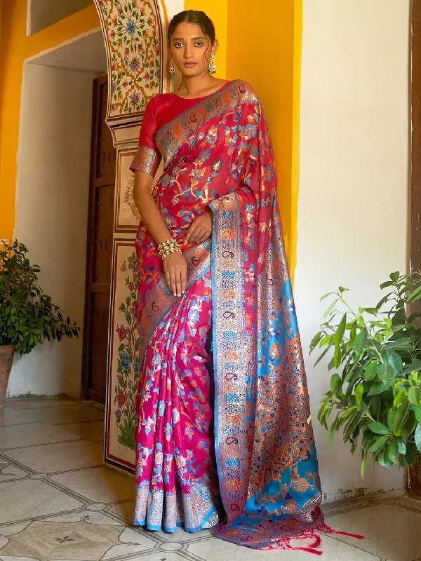 Pink Chanderi Silk Pashmina Saree with Unstitched Blouse Piece