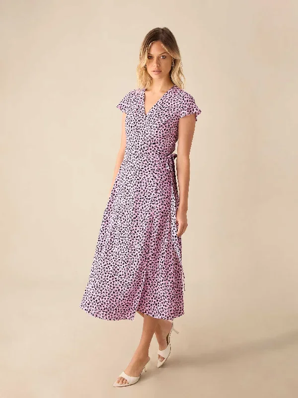 Pink Ditsy Print Wrap Midi Dress