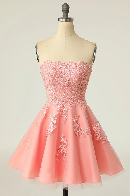 Pink Strapless Lace-Up A-Line Short Homecoming Dress with Floral Lace