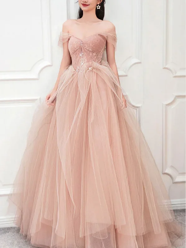 Pink Sweetheart Neck Tulle Long Prom Dress, Pink Sweet 16 Dress