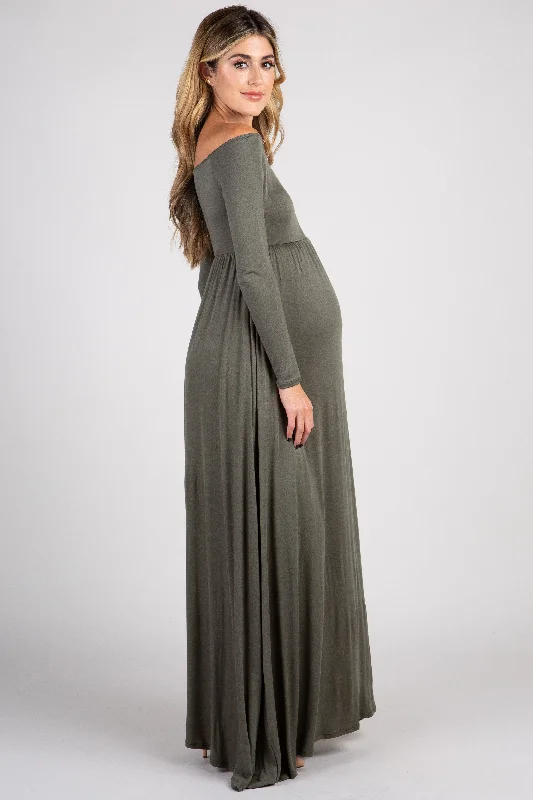 pinkblush-olive-solid-off-shoulder-maternity-maxi-dress