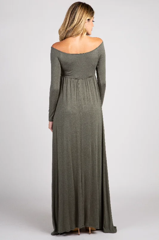 pinkblush-olive-solid-off-shoulder-maternity-maxi-dress