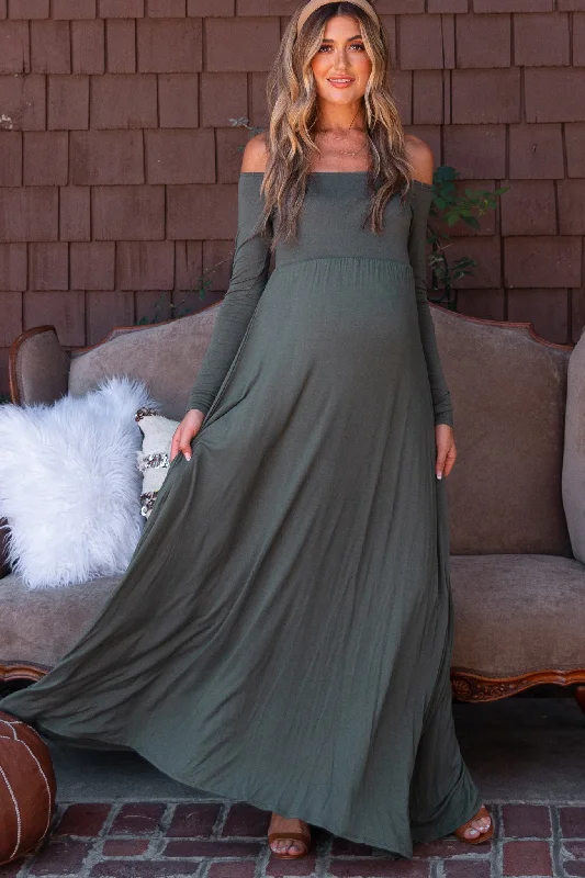 pinkblush-olive-solid-off-shoulder-maternity-maxi-dress