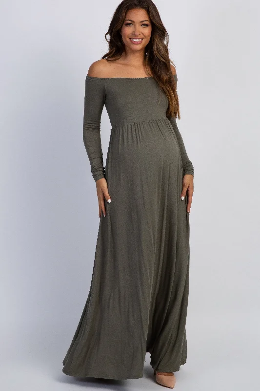 pinkblush-petite-olive-solid-off-shoulder-maternity-maxi-dress