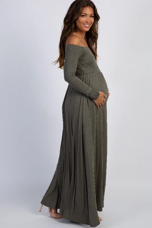 pinkblush-petite-olive-solid-off-shoulder-maternity-maxi-dress