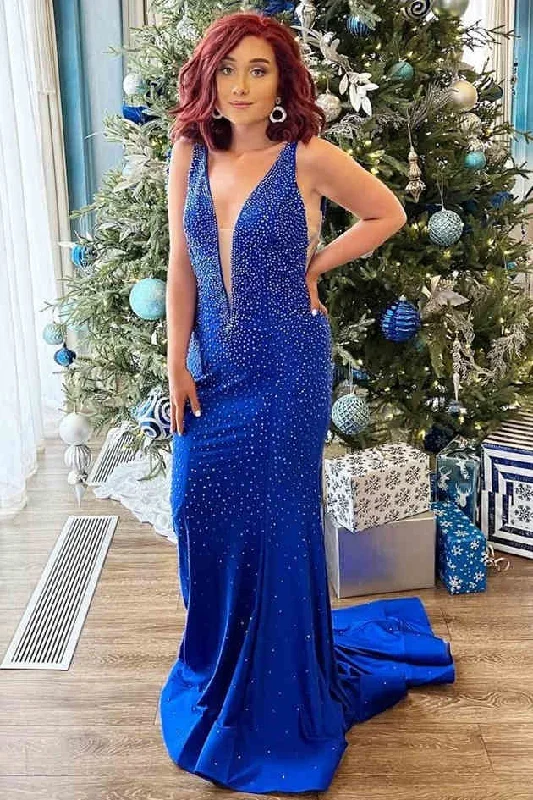 Plunging V-Neck Royal Blue Mermaid Prom Dress