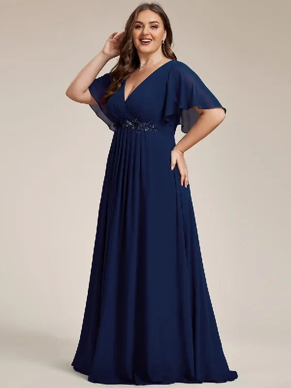 Plus Size Floral Applique Short Sleeve A-Line Chiffon Formal Evening Dress