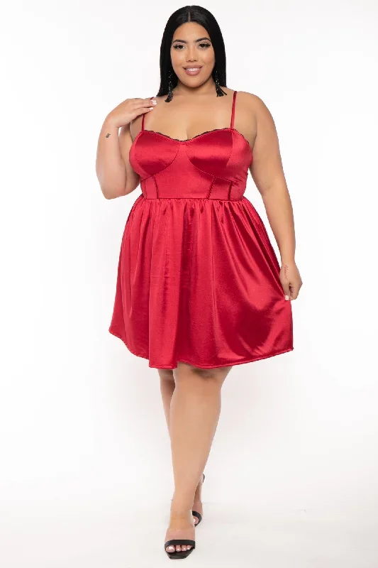 Plus Size Kimaree Satin Flare Dress -Red