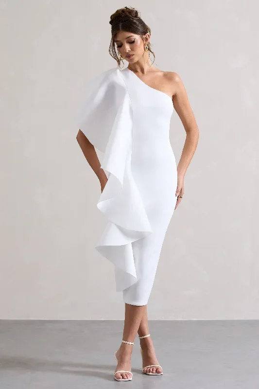 Polo | White One Shoulder Bodycon Midi Dress With Ruffle