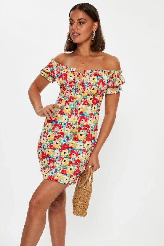 Print Off Shoulder Bustier Mini Dress