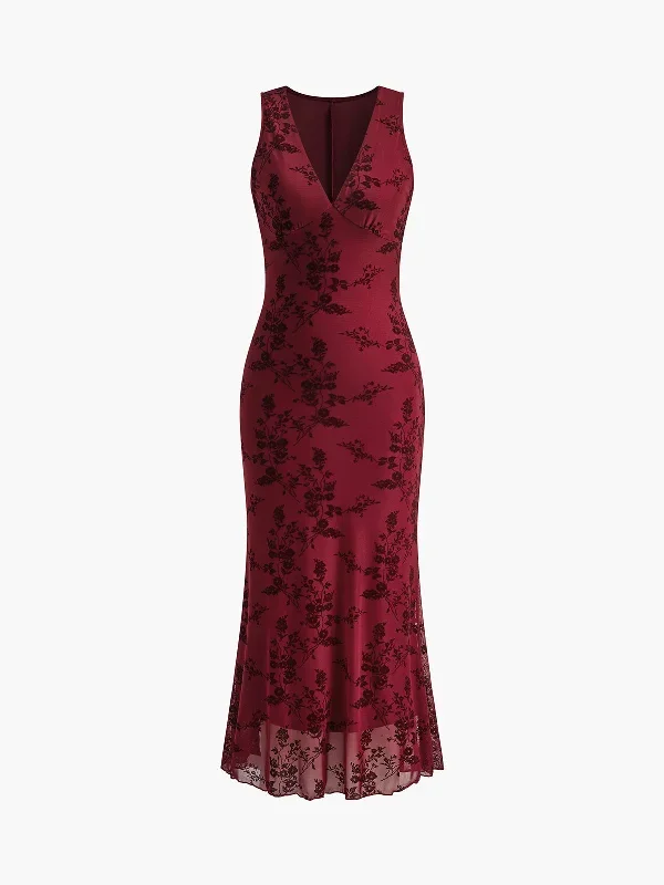 Printed Mesh Sleeveless V-Neck Long Dress