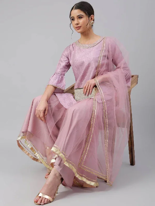 Mauve Poly Silk Solid Kurta with Gharara and Dupatta