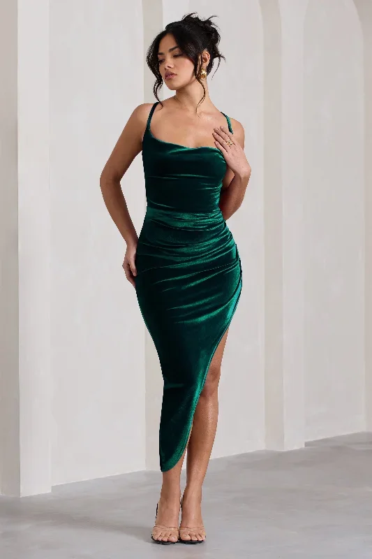 Risk It All | Bottle Green Velvet Cami Cowl Neck Asymmetric Hem Midi Dress