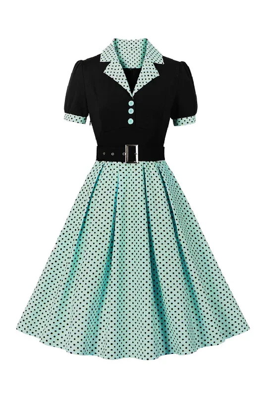 Robe verte à manches courtes à pois des années 50 avec ceinture