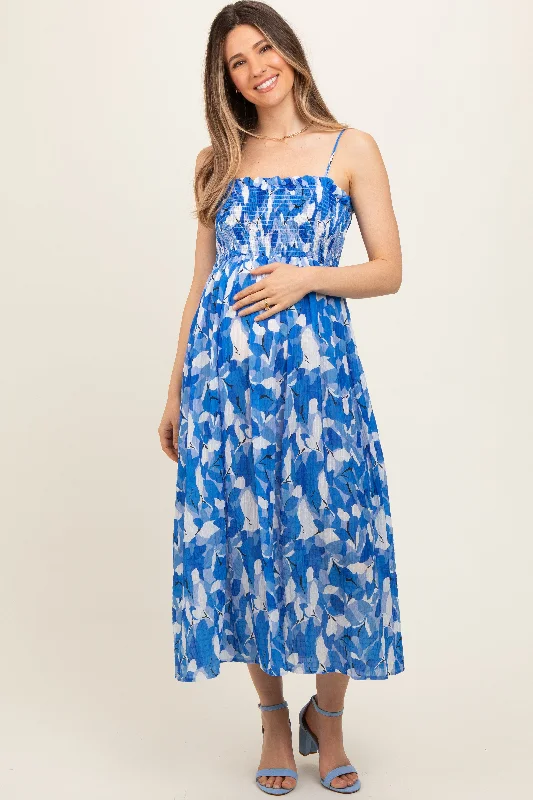 Royal Blue Abstract Floral Smocked Maternity Midi Dress