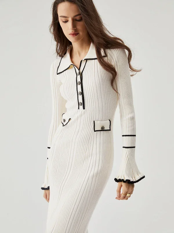 ruffled-trim-contrast-binding-button-up-collar-midi-sweater-dress