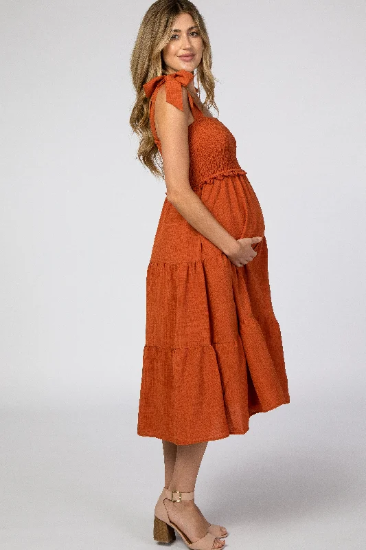 rust-bow-strap-tiered-maternity-midi-dress