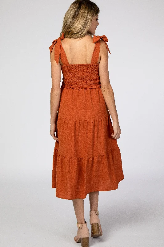 rust-bow-strap-tiered-maternity-midi-dress