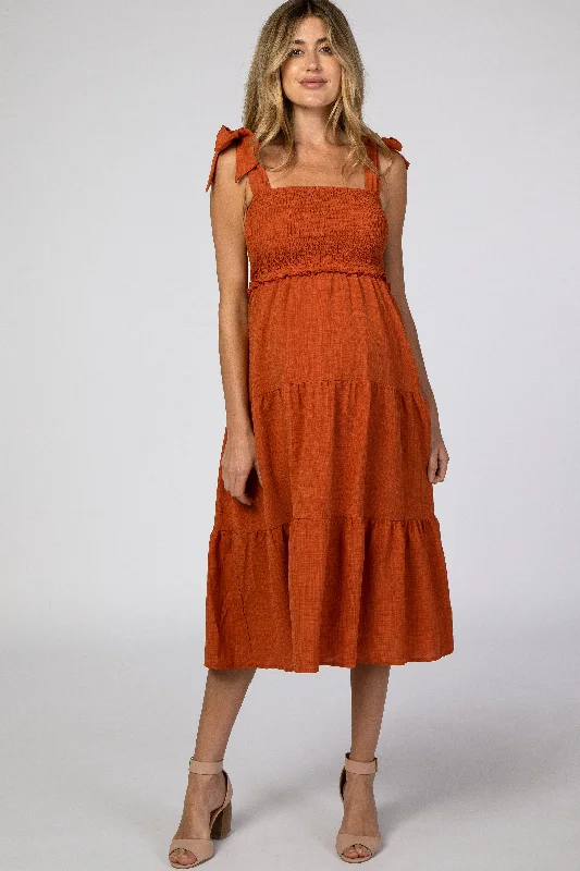 rust-bow-strap-tiered-maternity-midi-dress