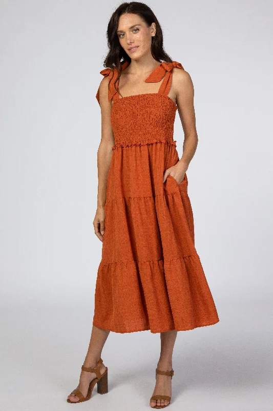 rust-bow-strap-tiered-maternity-midi-dress