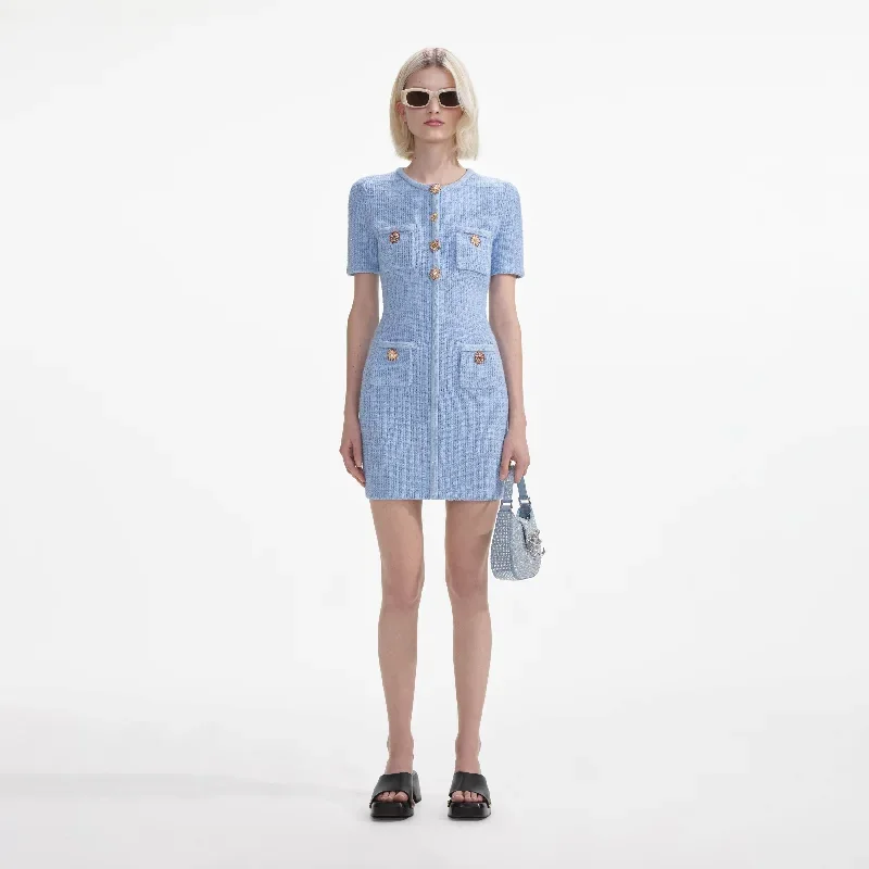 Self-portrait - Jewel Button Knit Mini Dress - Blue