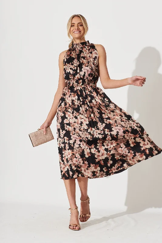 Simmie Midi Dress In Black With Apricot Floral