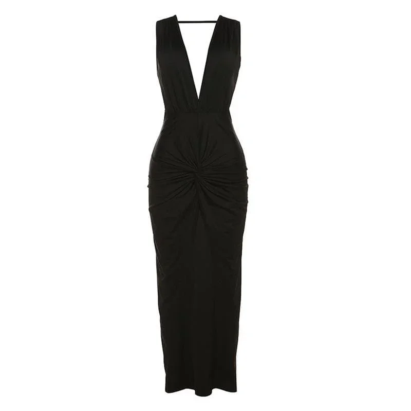 sleeveless-v-neck-solid-slit-knotted-backless-midi-dress