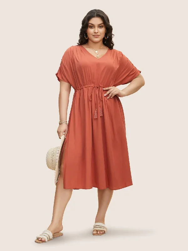 Solid Drawstring Gathered Dolman Sleeve Dress