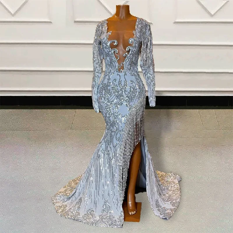 Sparkly Sequin Beaded Mermaid Long Prom Dresses for Graduation Party 2024 Sexy Sheer Mesh Women Formal Evening Gown with Slit