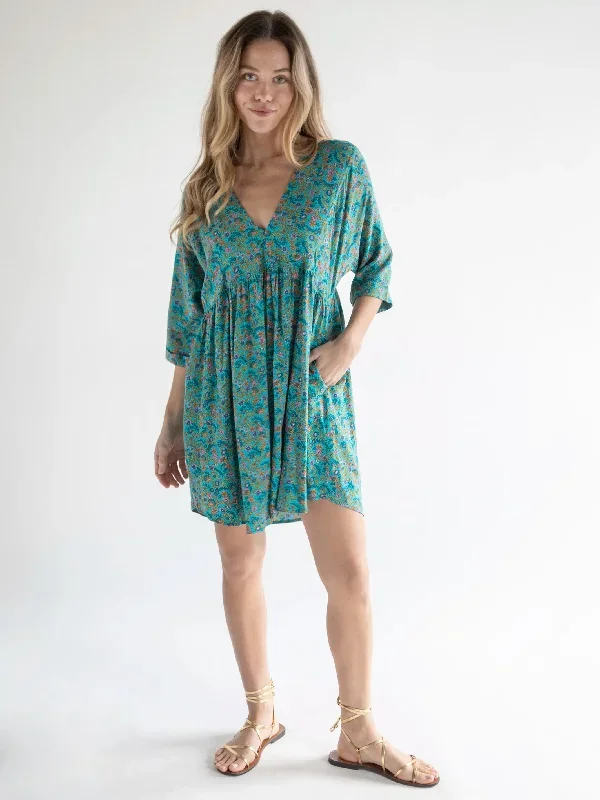 Stella V-Neck Dress - Turquoise Ditsy Vines