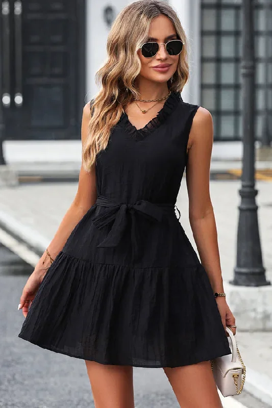 Stringy Selvedge Solid V Neck Casual Dress