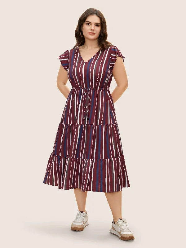 Striped Drawstring Ruffle Cap Sleeve Midi Dress