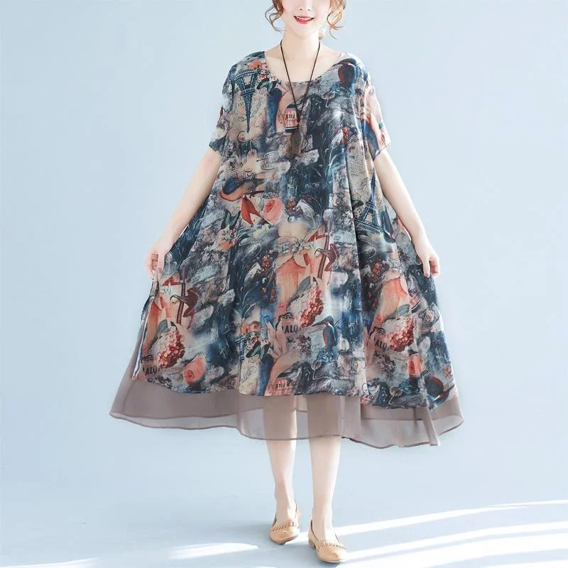 Stylish Floral Long Chiffon Dress Casual Short Sleeve Gown Fine Big Hem Kaftans