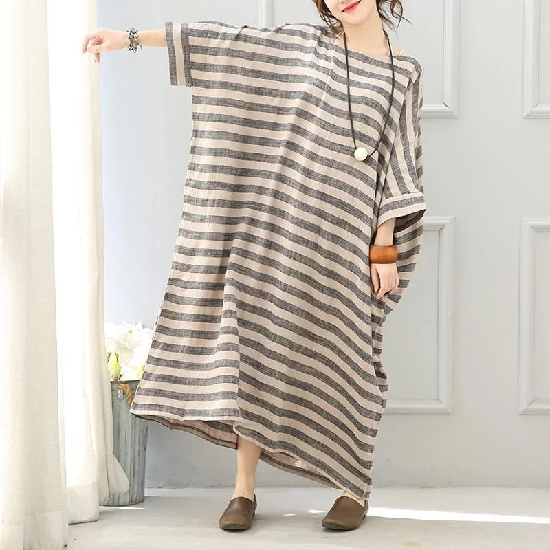 Stylish Gray Striped Linen Dress Oversize O Neck Baggy Dresses Linen Gown Women Batwing Sleeve Baggy Dresses